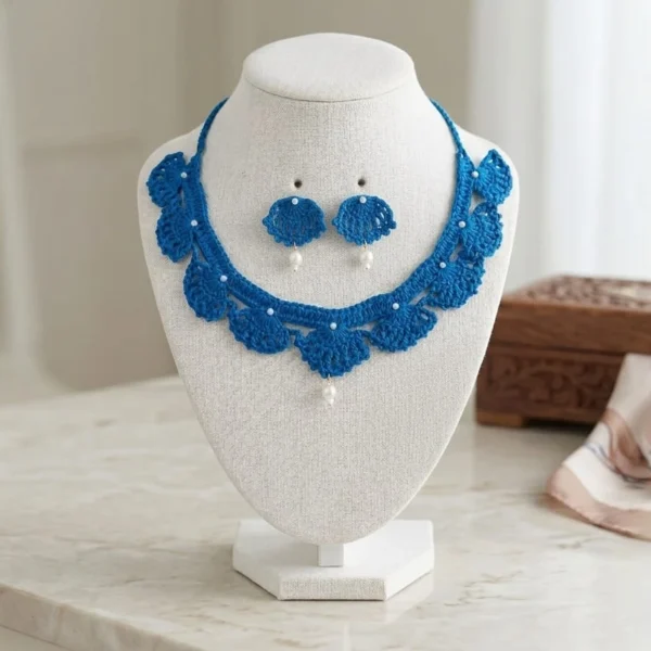 Handcrafted Royal Blue Crochet Necklace & Drop Earrings Set with Pearl Accents