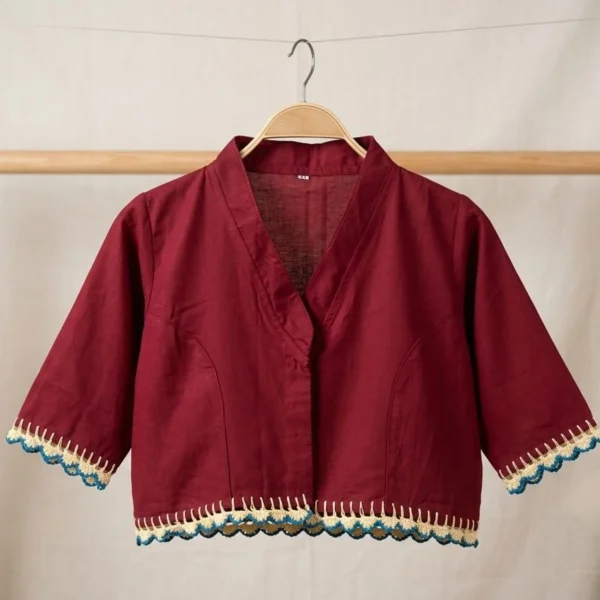 Hand-Embroidered Maroon Cotton Saree Blouse with Dual-Tone Crochet Lace Edging