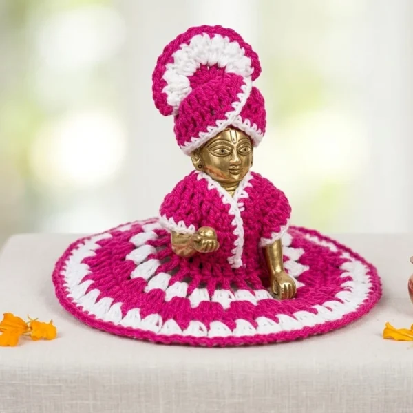 Handcrafted Pink & White Laddu Gopal Dress Set with Matching Mukut (Pagri)