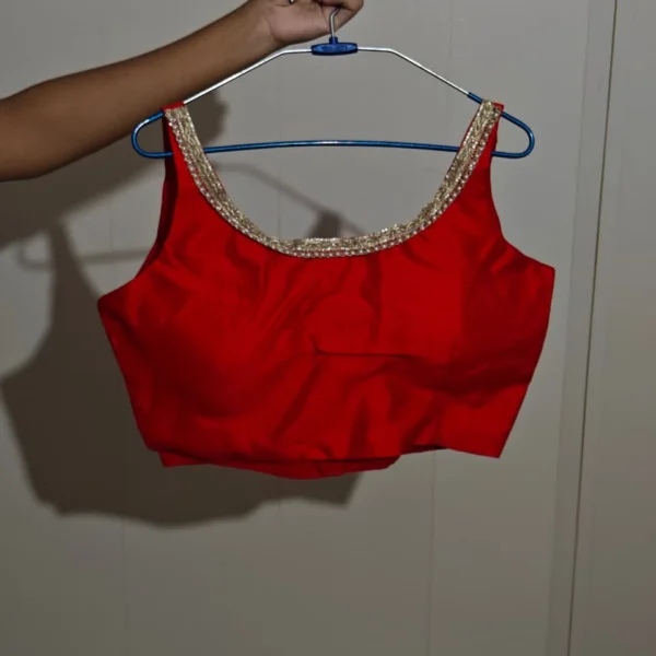 Hand-Embroidered Crimson Red Silk Sleeveless Saree Blouse with Gold Crochet Pearl Border