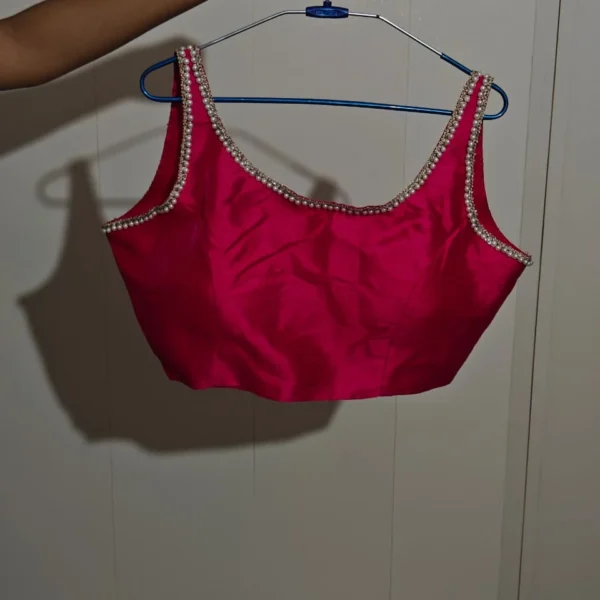Hand-Embroidered Hot Pink Silk Sleeveless Saree Blouse with Gold Crochet Pearl Lace