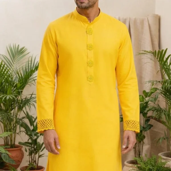 Yellow Men's Kurta with Floral Button Placket & Lace Cuffs