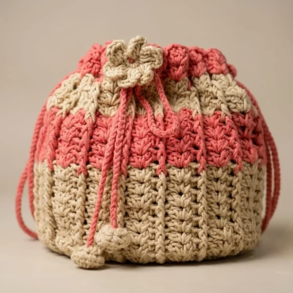 Handcrafted Two-Tone Peach & Beige Crochet Potli Drawstring Bag with Floral Motif