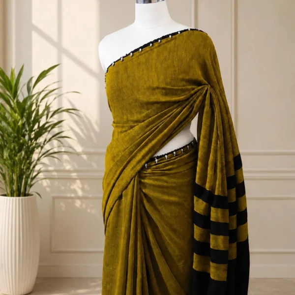 Earthy Mustard Saree with Bold Black Striped Pallu & Trim