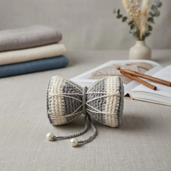 Handcrafted Crochet Car Hanging - Traditional Damru Design in Grey & Ivory
