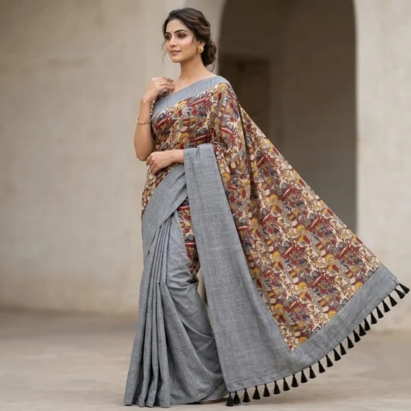Heritage Grey Saree with Traditional Kantha/Madhubani Print & Tassel Pallu