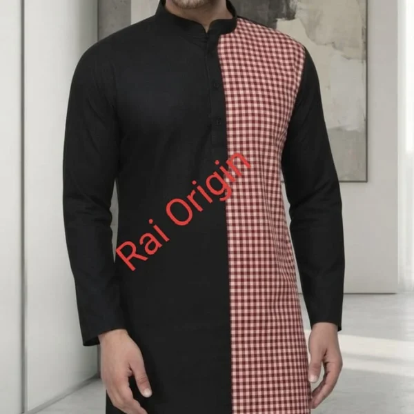 Rai Origin Men’s Half-and-Half Black & Red Gingham Checked Kurta Set