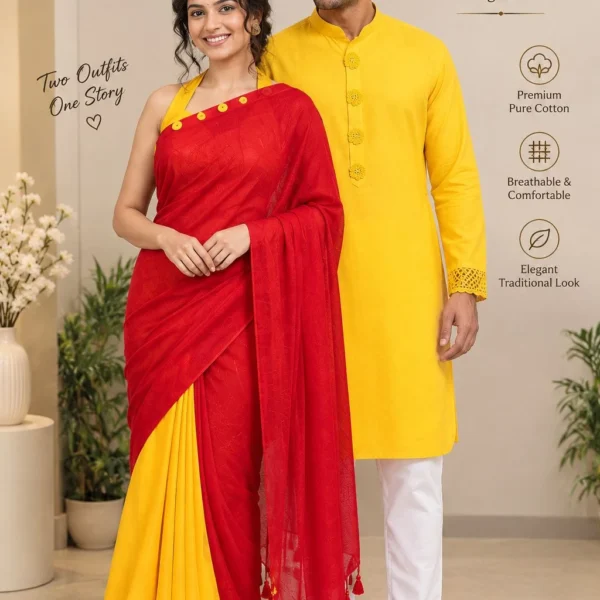 Rai Origin Yellow Kurta & Red-Yellow Saree Couple Collection