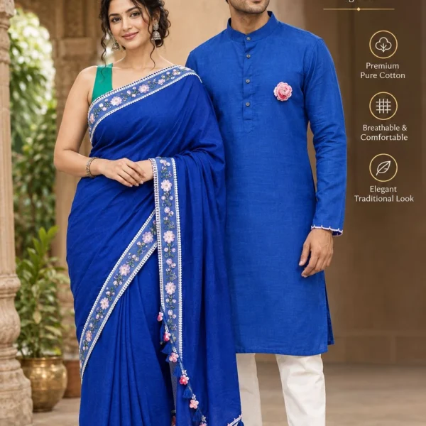 Rai Origin Blue Kurta & Saree Couple Collection