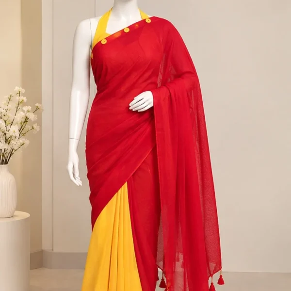 Yellow Red half & half with crochet work design sari